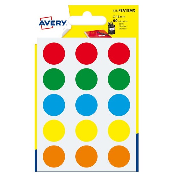 Blister 90 etichette adesive tonde colori assortiti Ø19 mm Avery